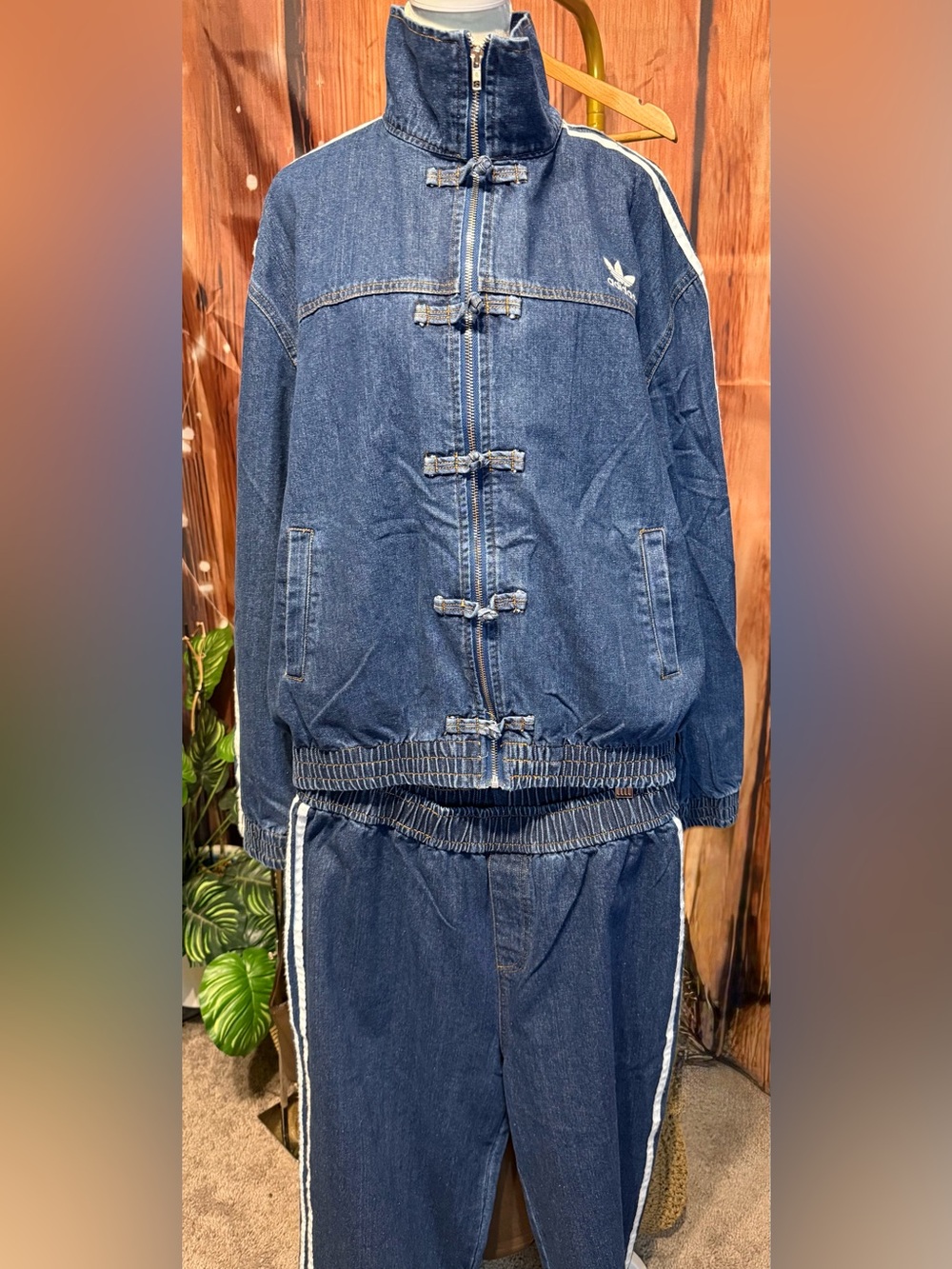 Denim cny Track Jacket and Pants with White Stripes